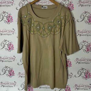 Kobe embroidered beaded diamond neckline top tshirt Tan Embellished Top